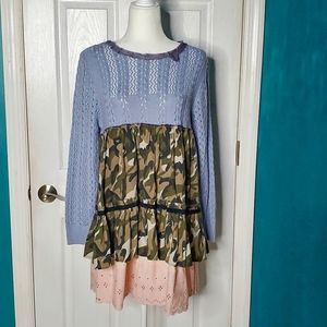 Handmade Upcycled Lagenlook Camoflauge Blue Pink Top Tunic Dress S-L OOAK